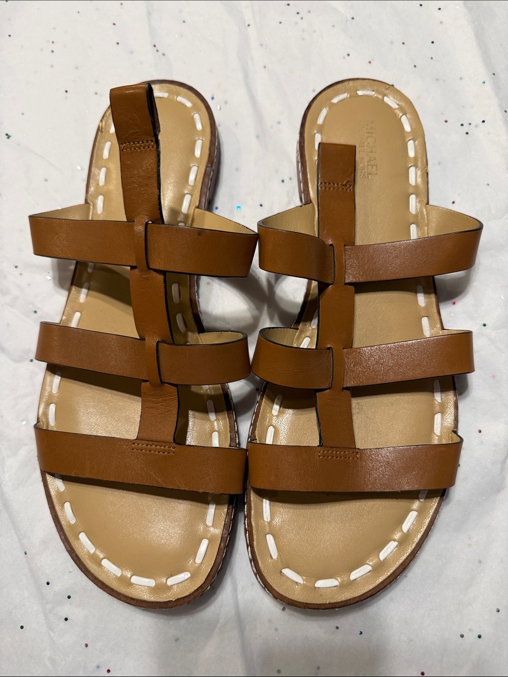 MICHAEL Michael Kors Cognac Brown Triple-Strap Leather Slide Sandals